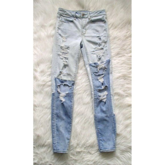 AE - Hi Rise Distressed Jeggings Two Tone Denim - Picture 3 of 10